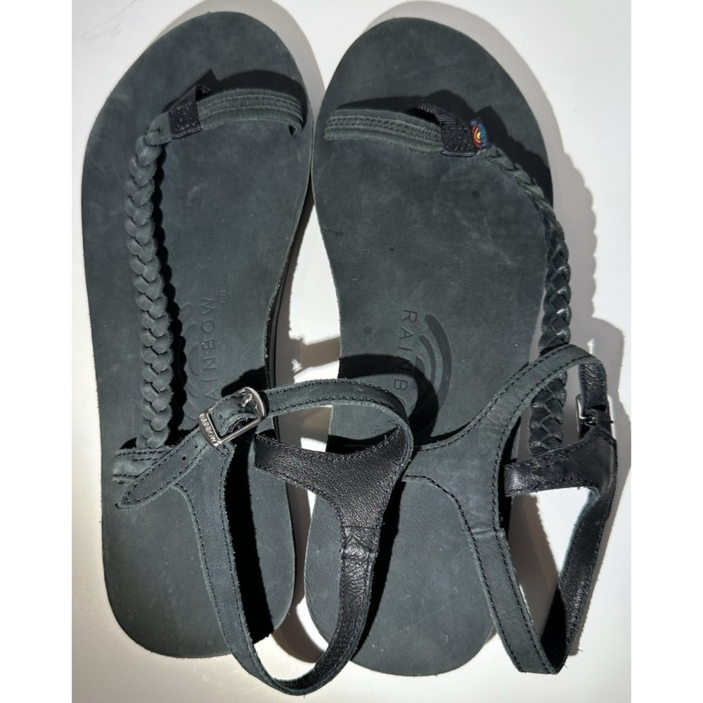 Women Black Rainbow Sandals Toe Strap Braided Leather Ankle Wrap with Buckle L9‎